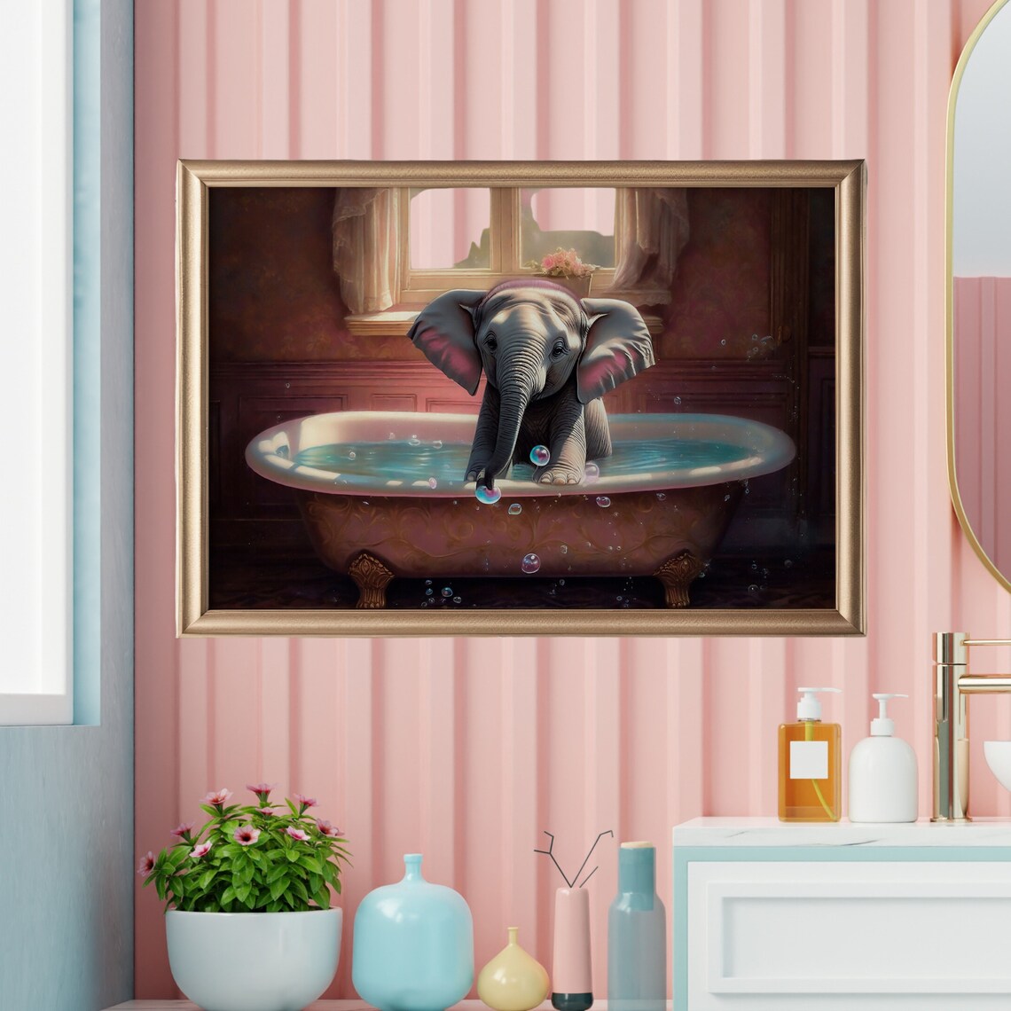 Baby Elephant Blowing Bubbles in a Vintage Clawfoot Bathtub Cute Poster - Image 4