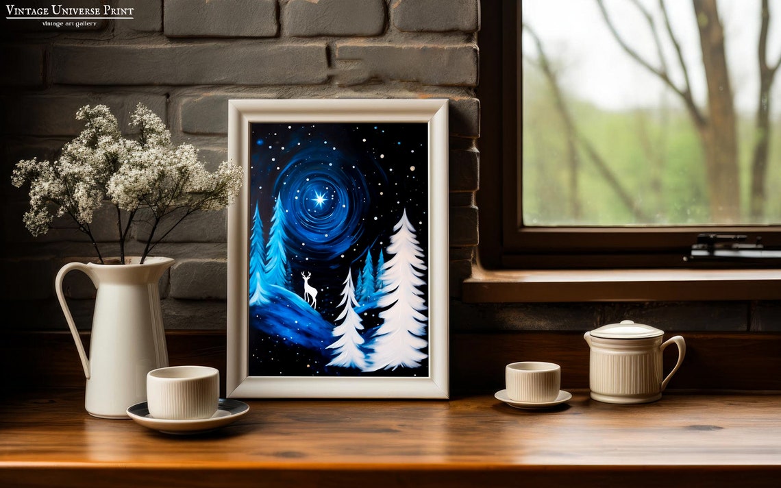 Starry Night Snowy Pines White Deer Glowing Star Winter Poster - Image 2