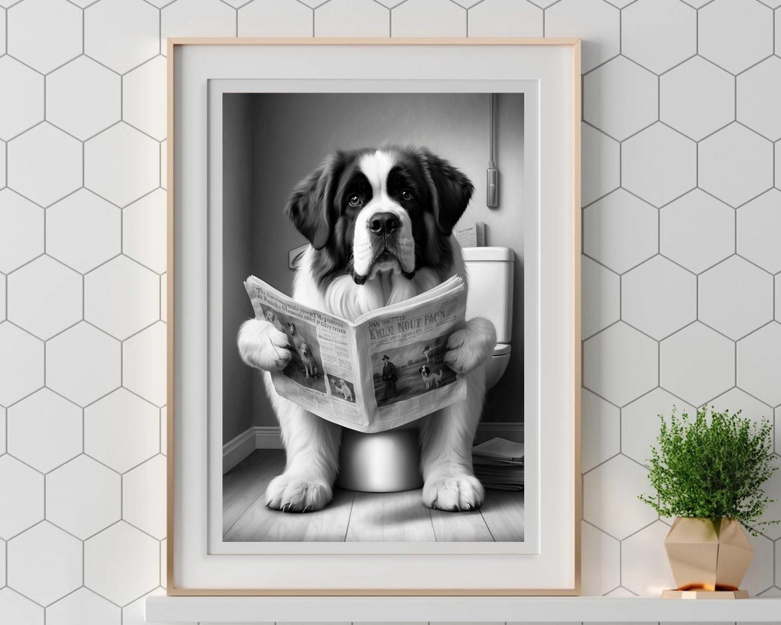 Saint Bernard Reading A Newspaper On The Toilet Funny Dog Poster - Image 5