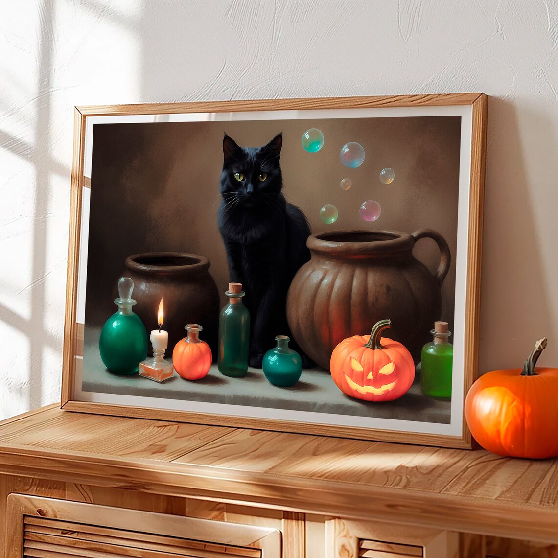 Black Cat With Witch Potions And Jack O Lantern Halloween Still Life Poster - Image 2