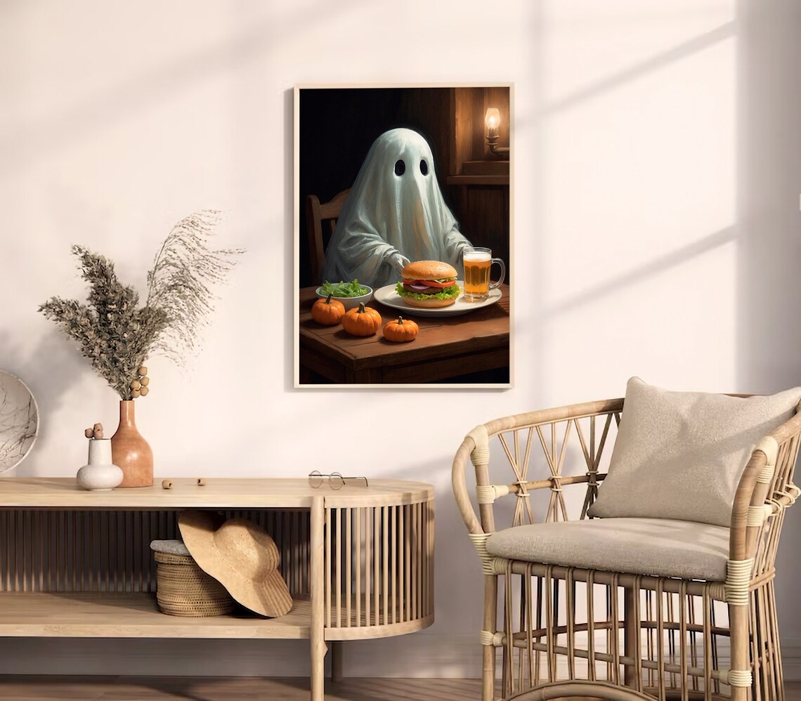 Cute Ghost Eating Burger With Beer At Cozy Tavern Funny Halloween Painting Poster - Image 2