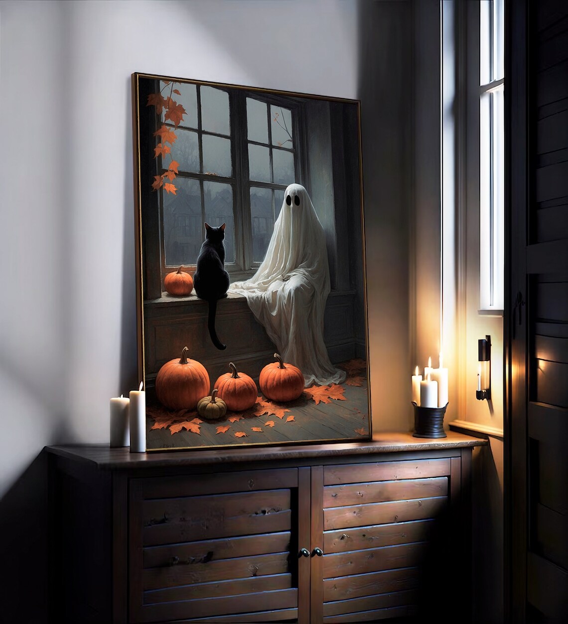 Ghost And Black Cat Sitting In A Rainy Window With Pumpkins Halloween Art Print - Image 3