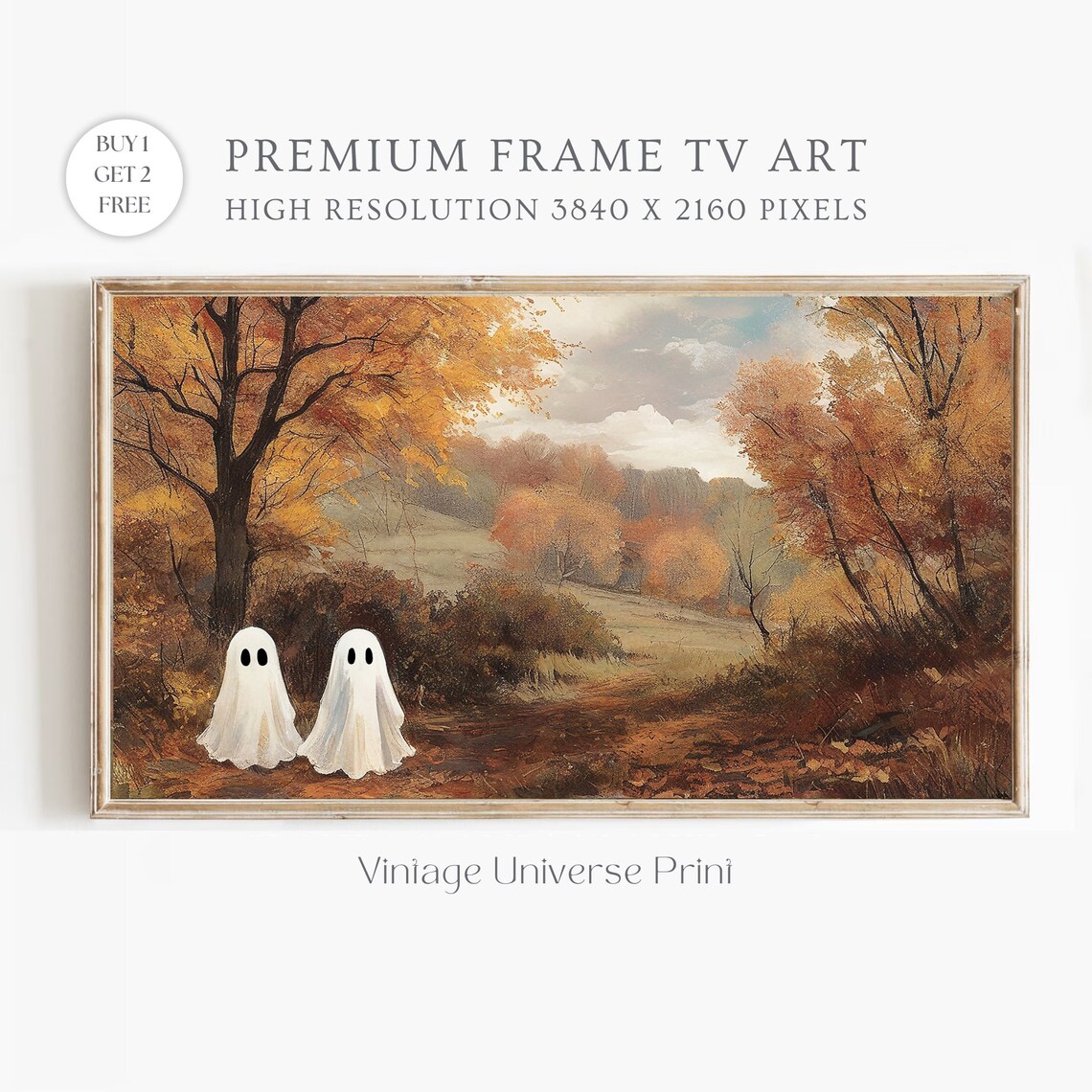 Two Cute Ghosts In Colorful Autumn Forest Path Halloween Art Poster