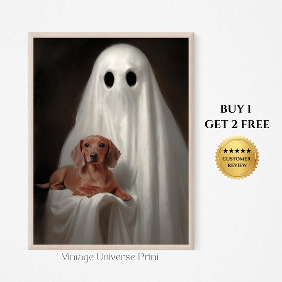 Cute Ghost Holding Dachshund Dark Romantic Halloween Portrait Painting Poster