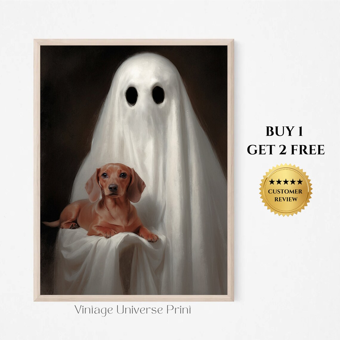 Cute Ghost Holding Dachshund Dark Romantic Halloween Portrait Painting Poster