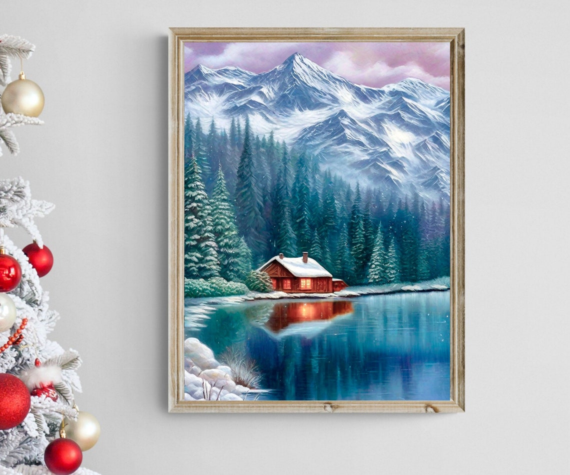 Snowy Mountain Cabin Glowing Lake Reflection Winter Forest Poster - Image 2