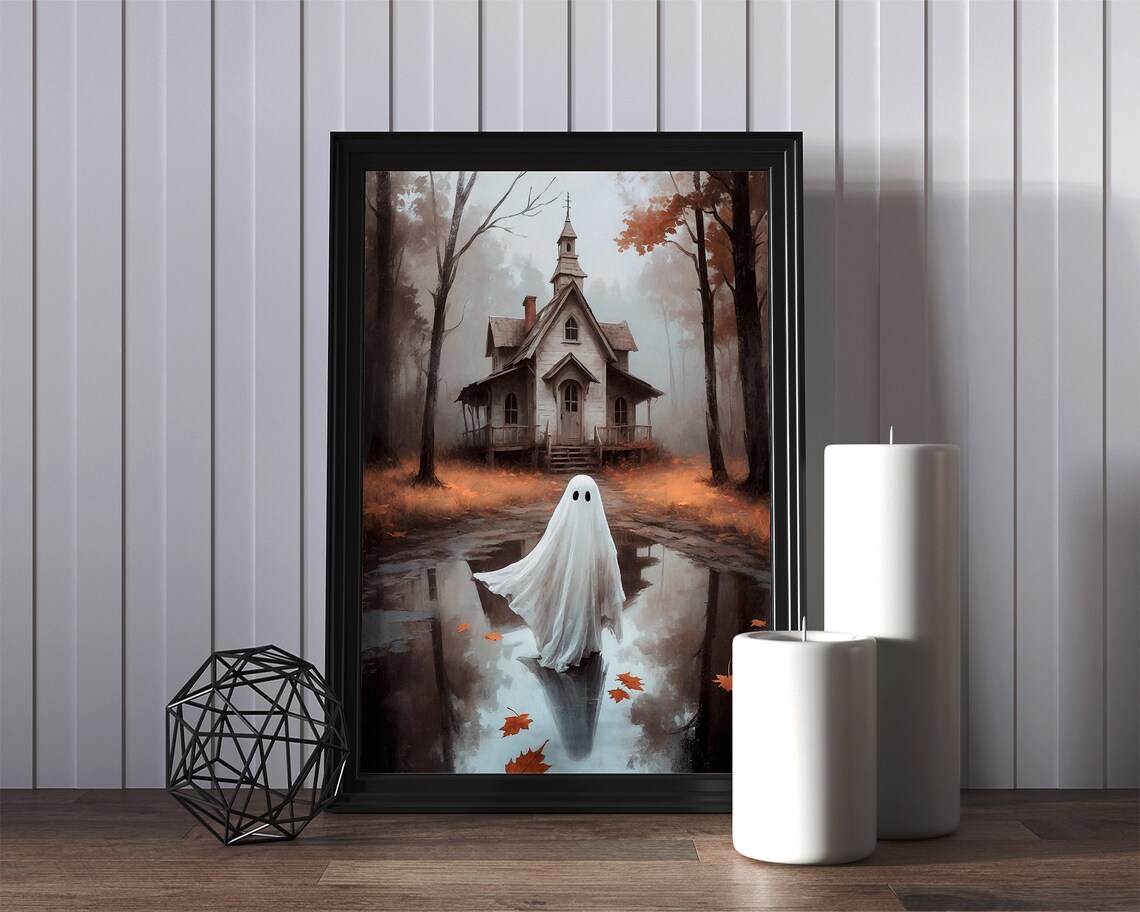 Cute Ghost By Puddle Reflection Before Misty Old House Halloween Painting Poster - Image 3