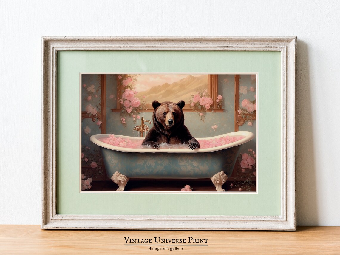 Brown Bear Relaxing in a Clawfoot Tub of Pink Rose Petals Funny Poster - Image 4
