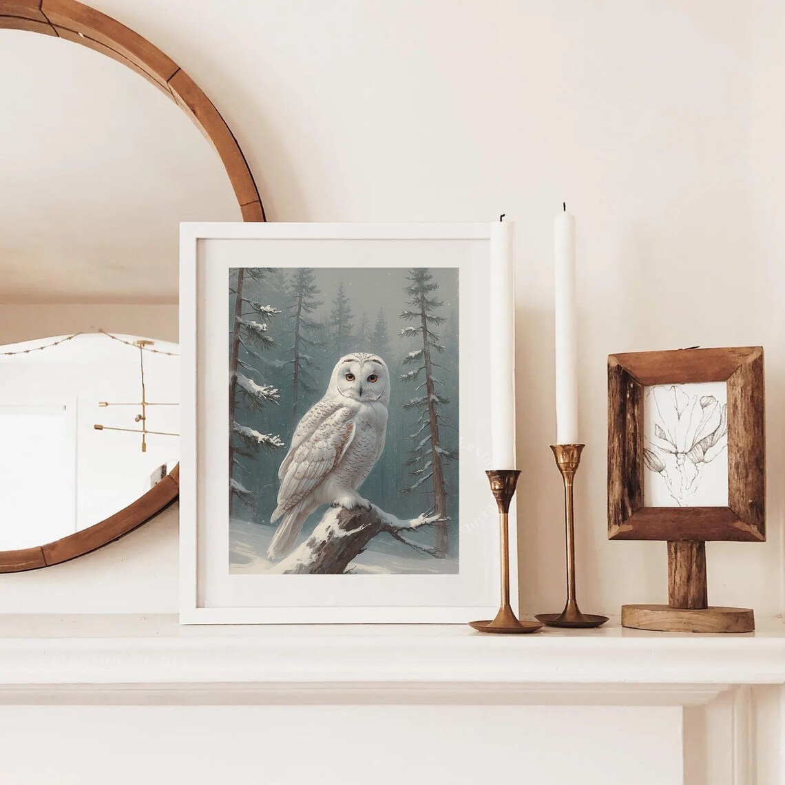 Snowy Owl In Winter Forest Landscape Oil Painting Rustic Farmhouse Christmas Wall Art Country Christmas Decor Vintage Owl - Image 4
