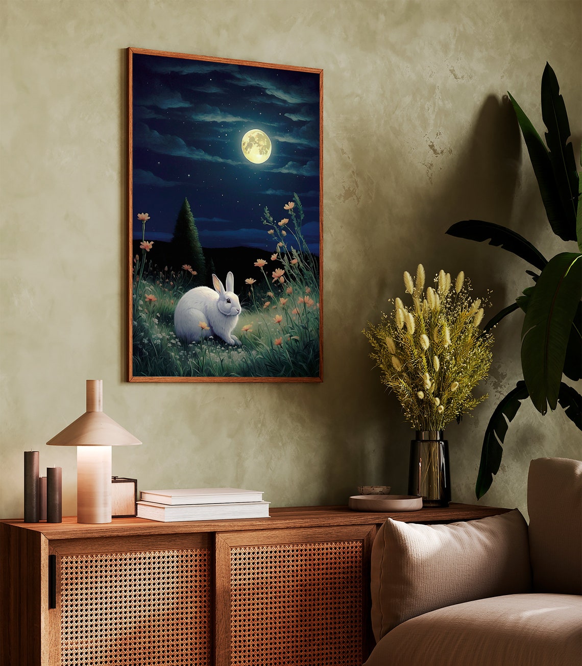 White Rabbit in Moonlit Wildflower Meadow Night Sky Art Print - Image 4