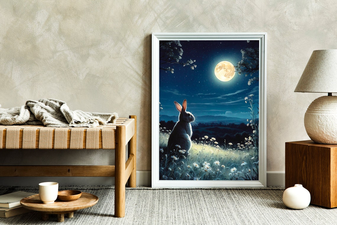 Rabbit Silhouette Gazing at Full Moon in Daisy Field Night Art Print - Image 4