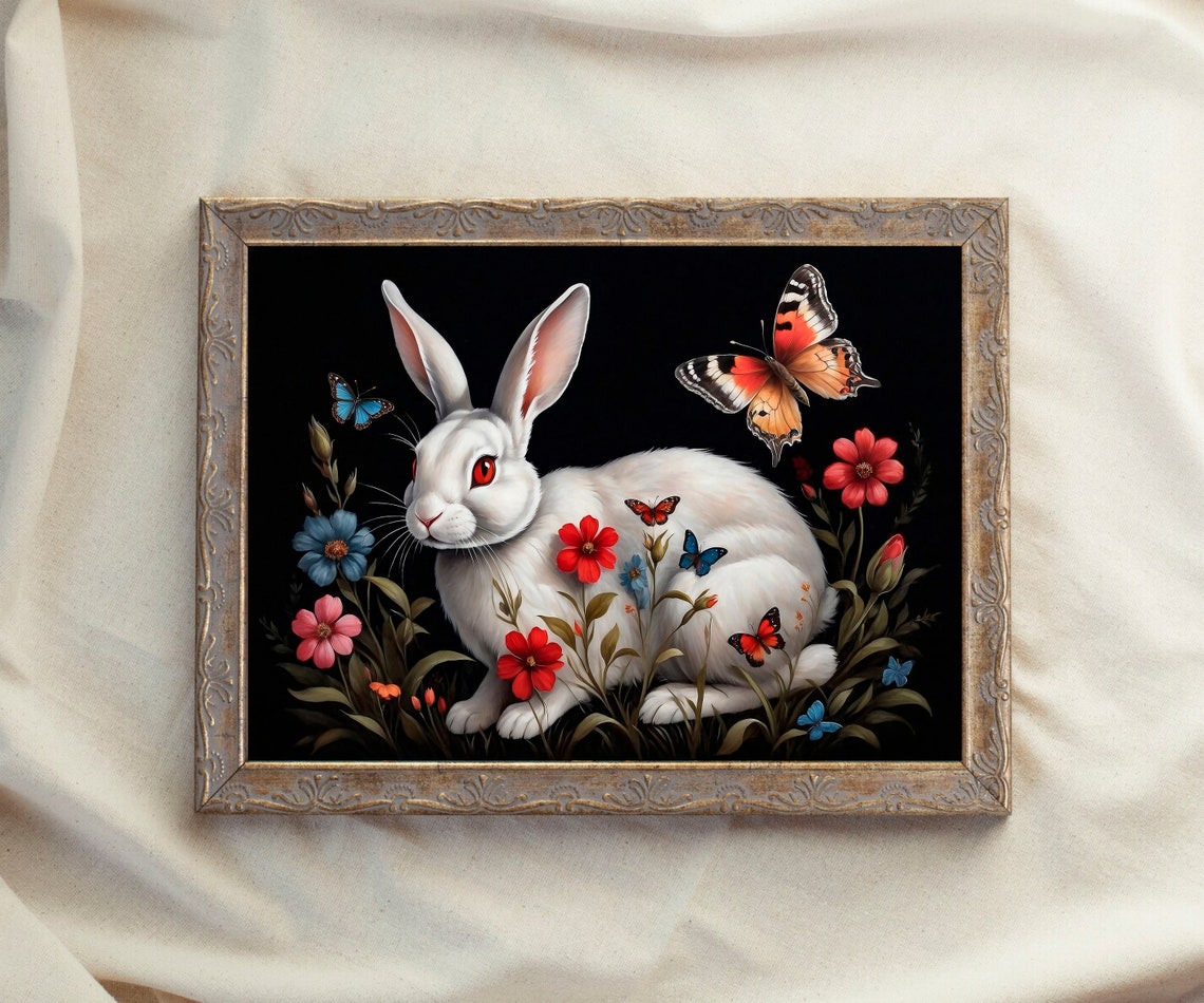 White Rabbit with Colorful Butterflies Dark Floral Art Poster - Image 2
