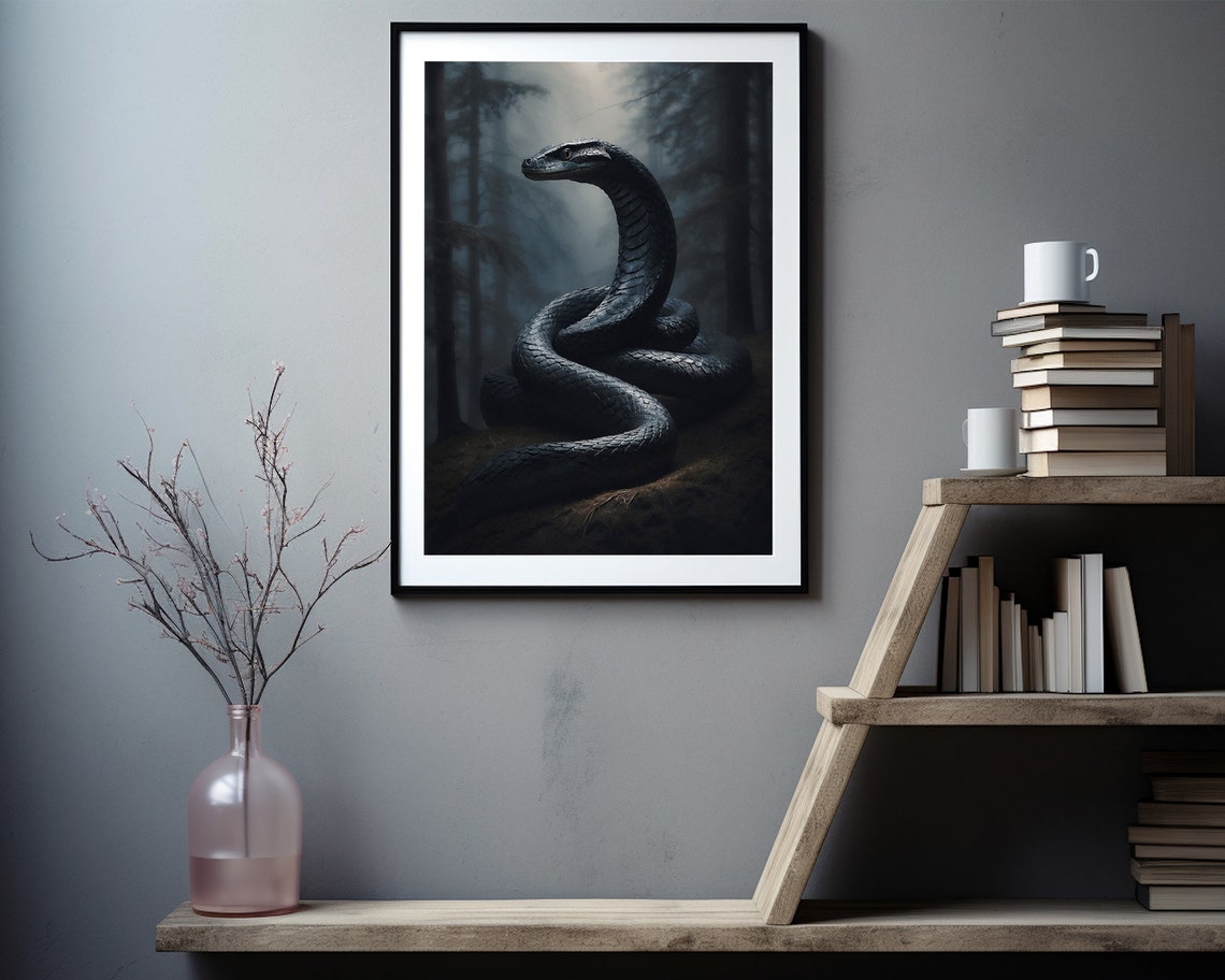 Black Snake Coiled in a Misty Dark Forest Night Reptile Art Print - Image 2