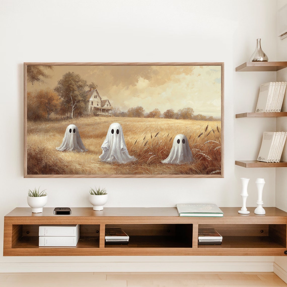 Three Ghosts In Golden Wheat Field Vintage Farmhouse Halloween Poster - Image 4