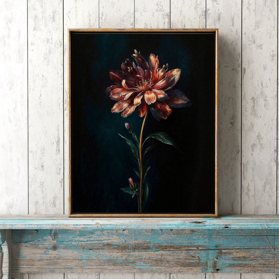 Rust Red Dahlia Single Stem Moody Dark Floral Painting Poster - Image 3