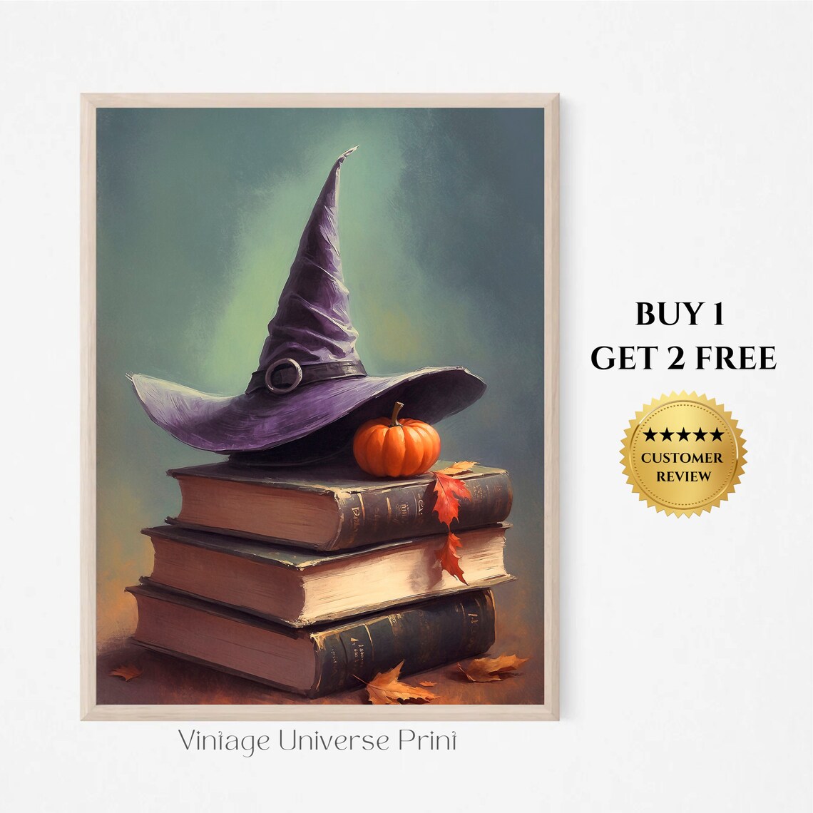 Witch Hat On Stack Of Old Books With Small Pumpkin Halloween Still Life Poster