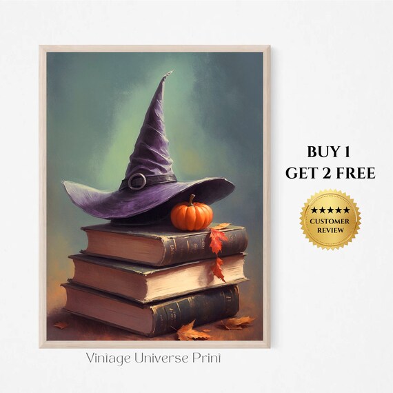 Witch Hat On Stack Of Old Books With Small Pumpkin Halloween Still Life Poster