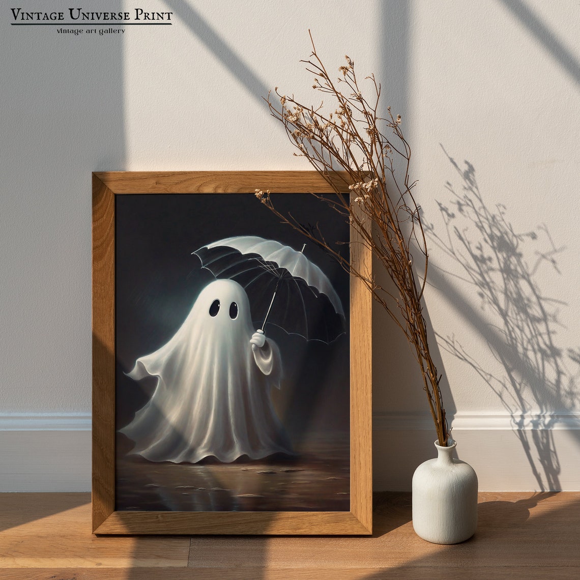 Cute Ghost Holding An Umbrella In The Rain At Night Spooky Poster - Image 3