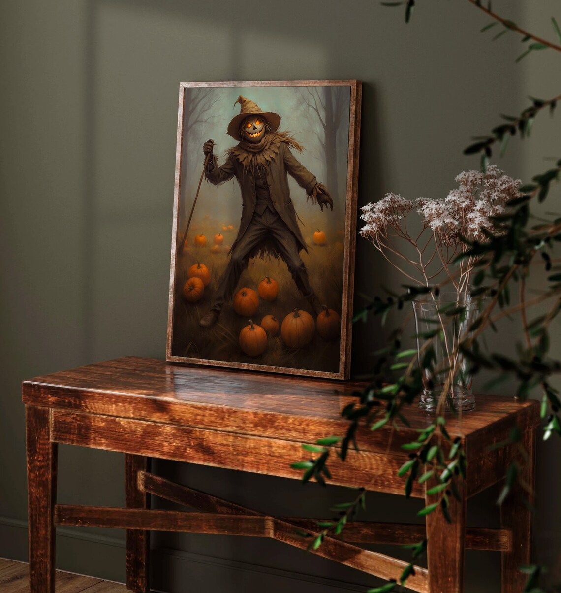 Spooky Scarecrow With Glowing Pumpkin Head In Pumpkin Patch Painting Poster - Image 2