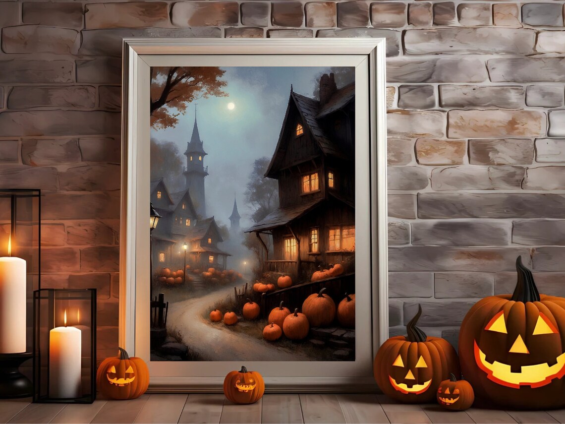 Moonlit Halloween Village With Pumpkins And Old Houses Spooky Painting Poster - Image 3