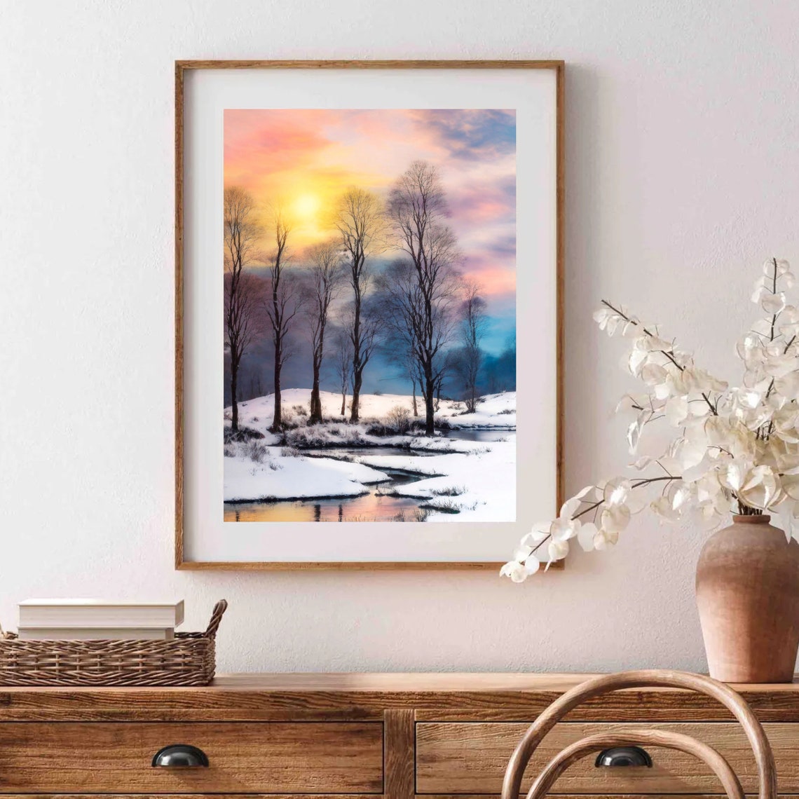 Colorful Winter Sunset Over A Snowy River Landscape Art Poster - Image 3