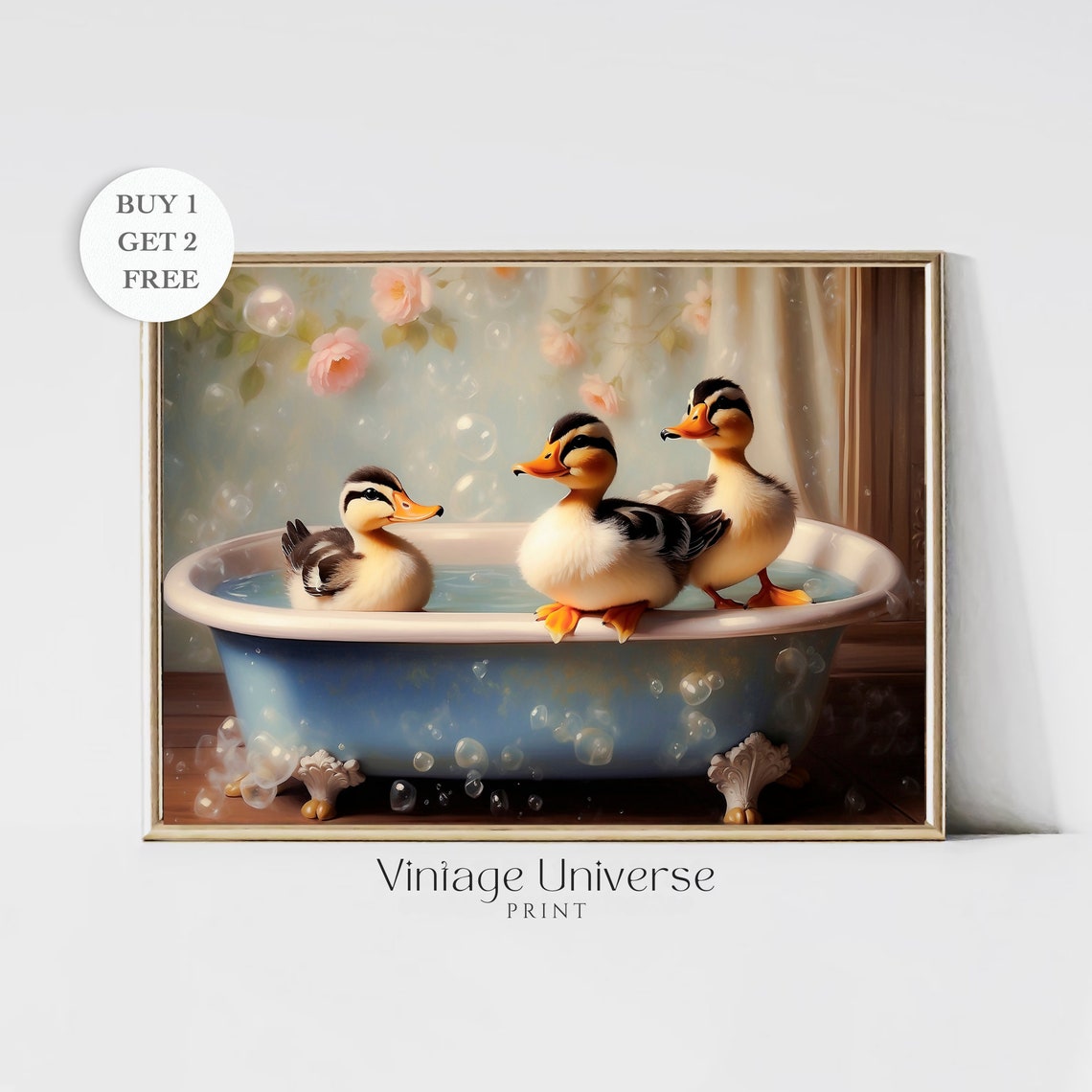 Three Baby Ducks Bathing In A Blue Clawfoot Tub Vintage Poster
