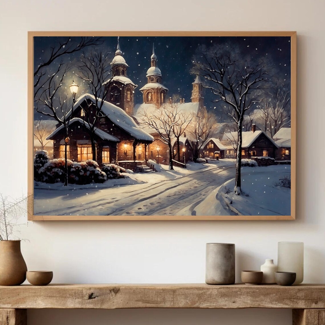 Snowy Village Night Glowing Church Falling Snow Winter Street Poster - Image 4