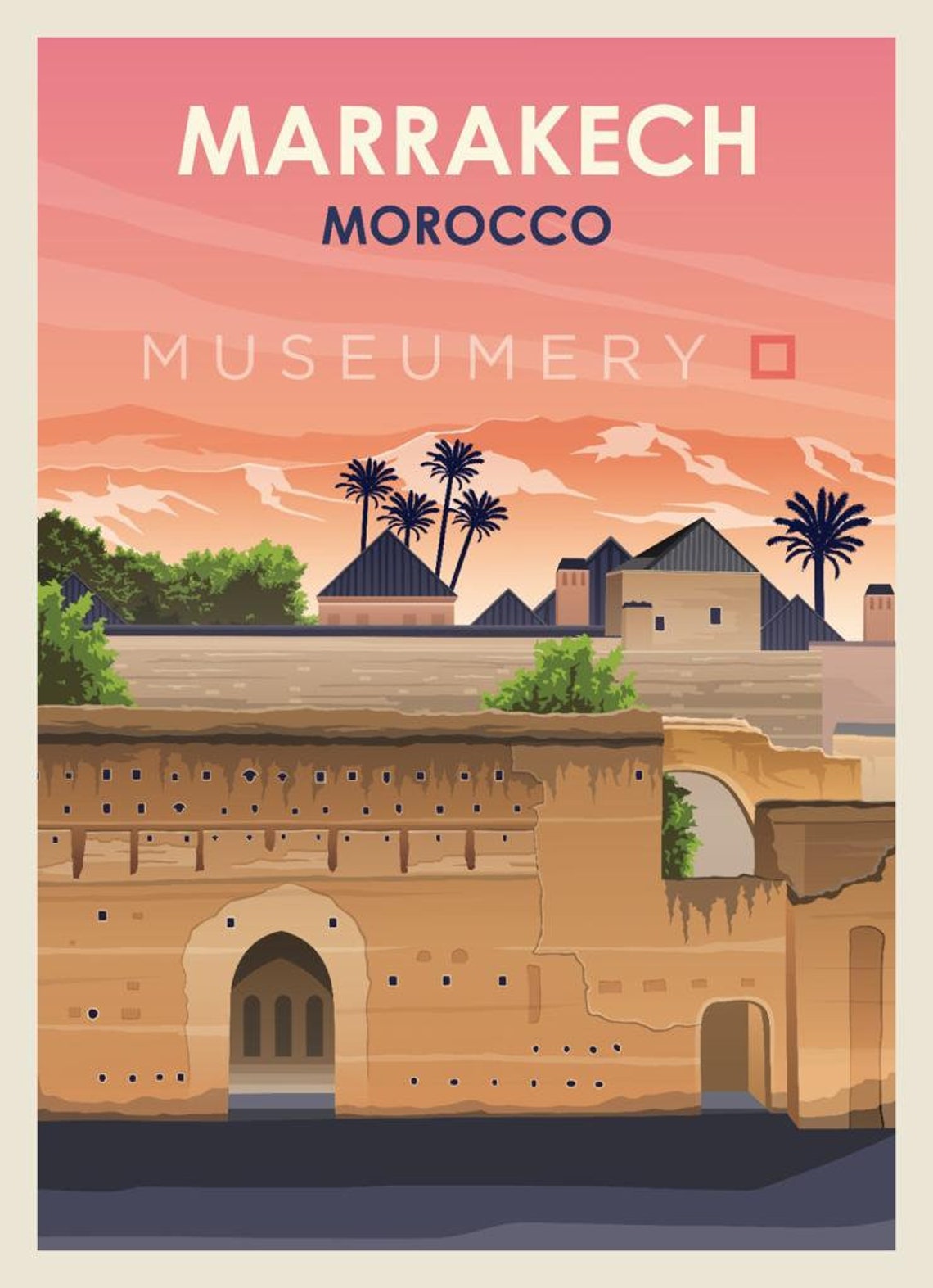 Marrakech Morocco Vintage Travel Poster Pink Sunset City Wall - Image 2