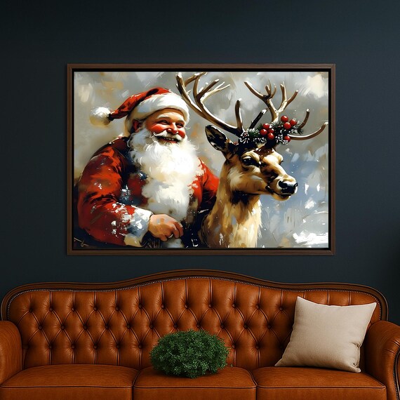 Smiling Santa Claus With Reindeer In Berry Wreath Antlers Poster