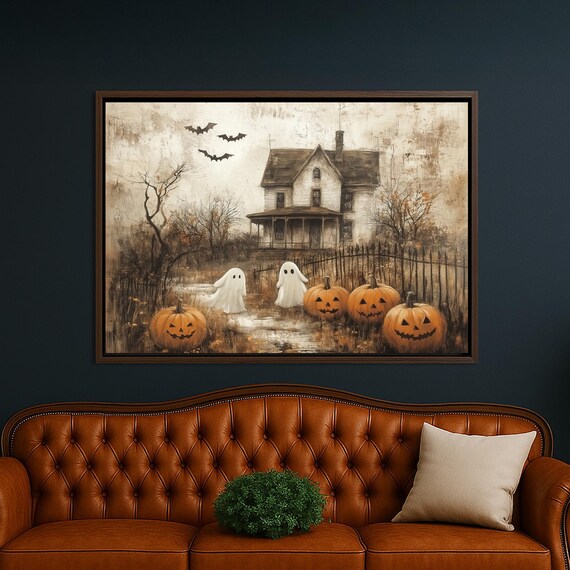 Haunted House Canvas Wall Art Spooky Ghosts Pumpkins Old Creepy Halloween Decor