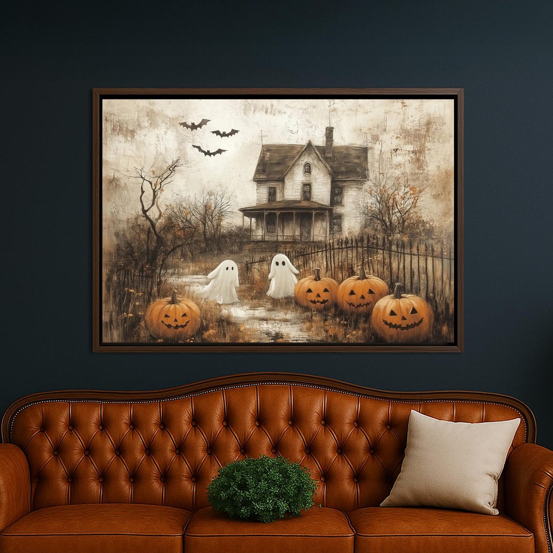 Haunted House With Ghosts and Jack-o-Lantern Pumpkins Halloween Poster