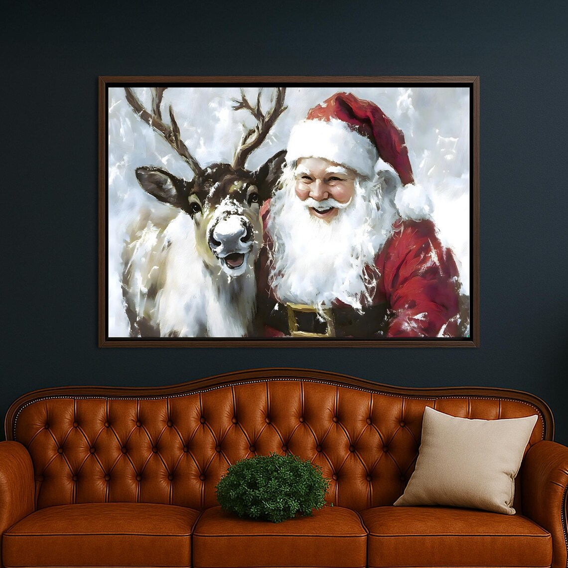 Laughing Santa Claus And Reindeer Snowy Holiday Painting Poster