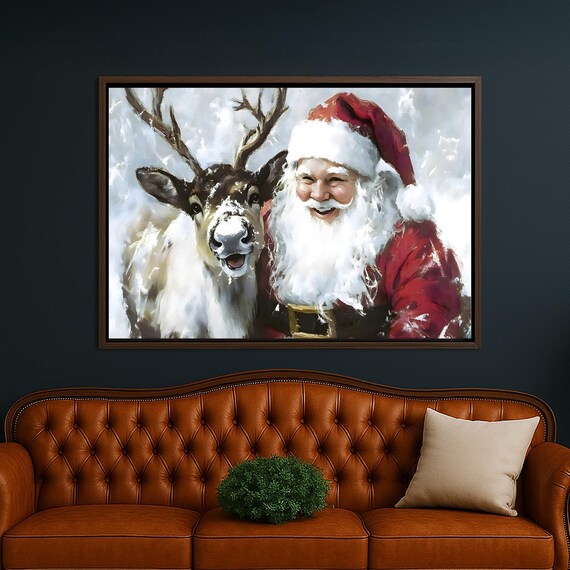 Laughing Santa Claus And Reindeer Snowy Holiday Painting Poster