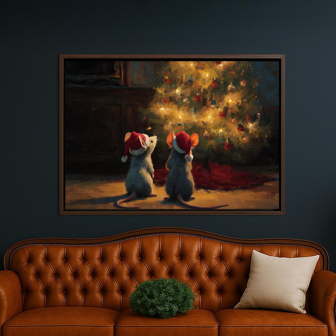 Two Cute Mice In Santa Hats Gazing At Glowing Christmas Tree Poster