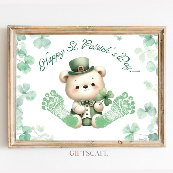 Baby Footprint St Patrick's Day Teddy Bear Clover Keepsake Poster