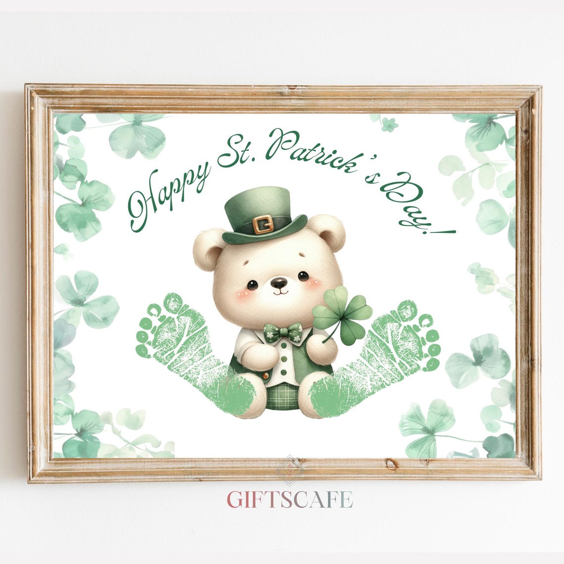 Baby Footprint St Patrick's Day Teddy Bear Clover Keepsake Poster