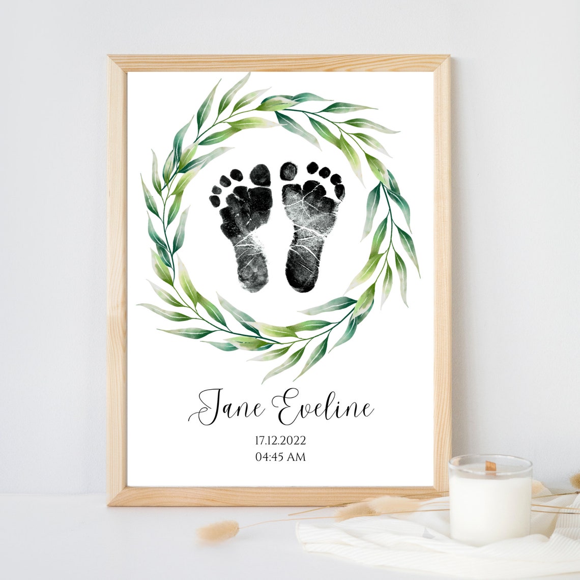 Personalized Baby Footprint Birth Print Green Leaf Wreath Poster - Image 3