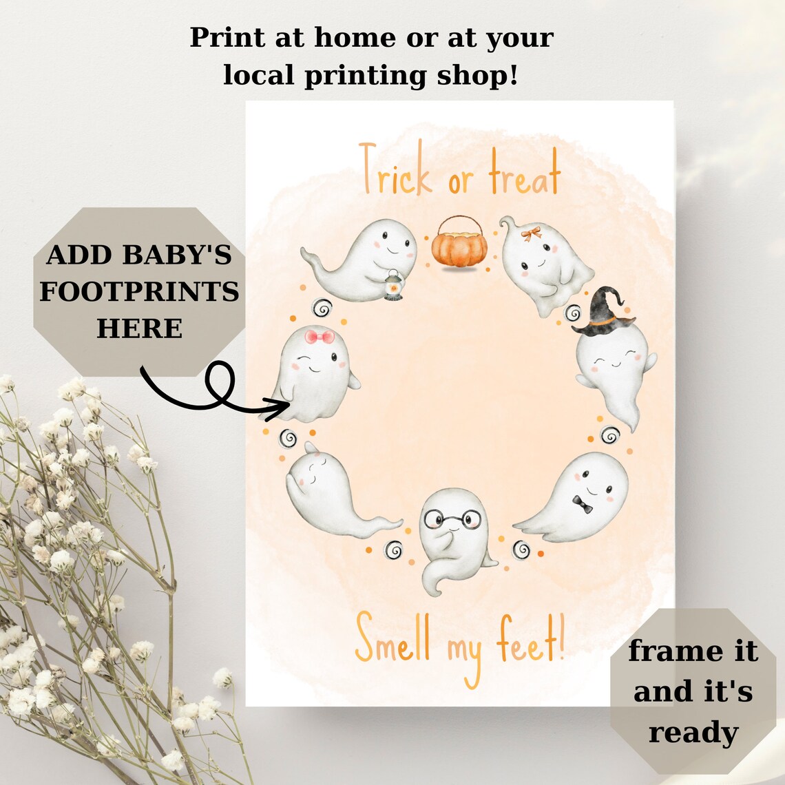 Trick or Treat Smell My Feet Halloween Baby Footprint Ghost Circle Art Poster - Image 3
