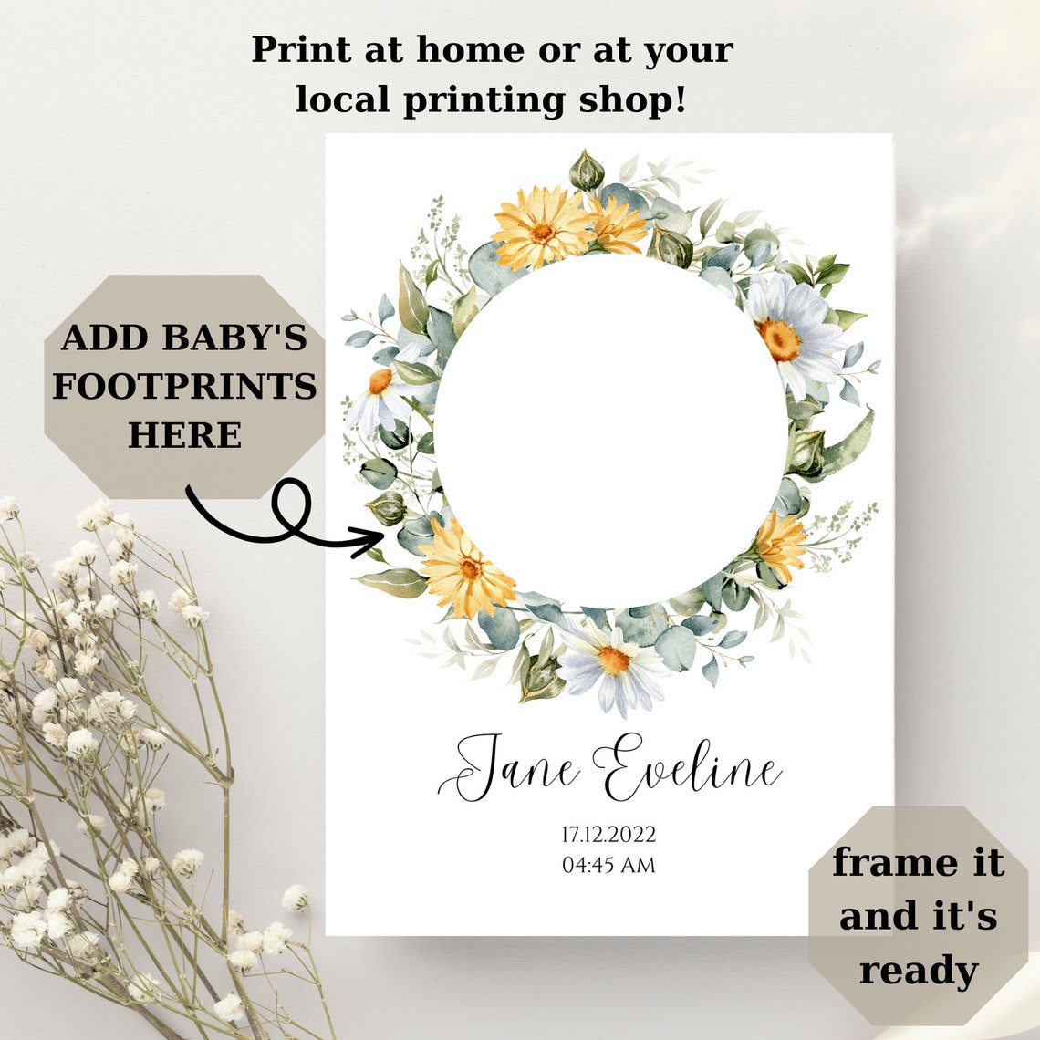 Personalized Baby Footprint Birth Print Daisy Wreath Keepsake Poster - Image 2