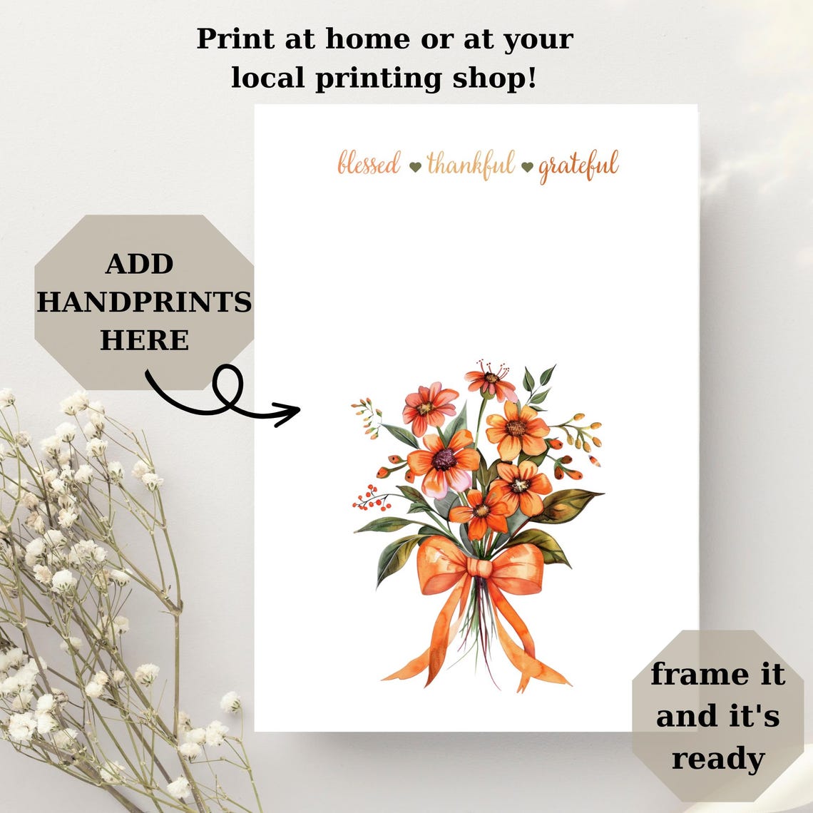 Thanksgiving Handprint Blessed Thankful Grateful Fall Bouquet Wall Art - Image 3