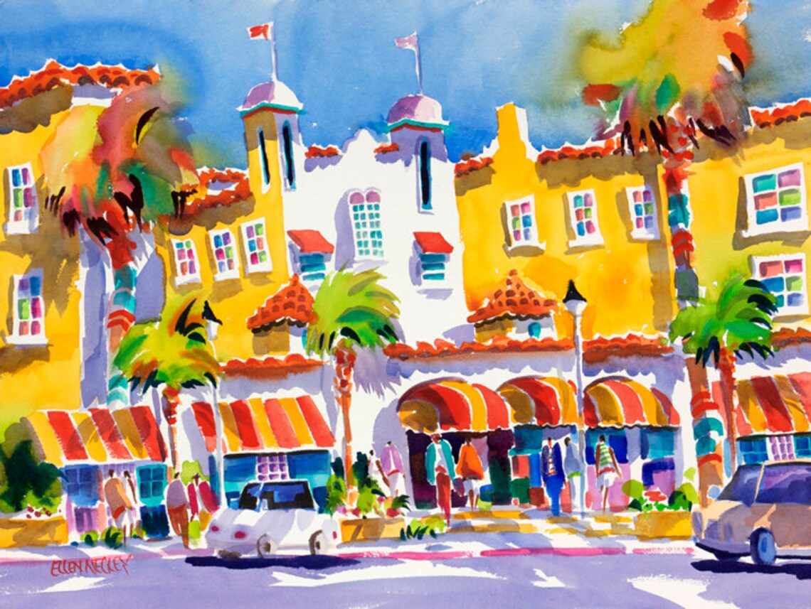 Delray Beach Colony Hotel Downtown Street Scene Watercolor Poster