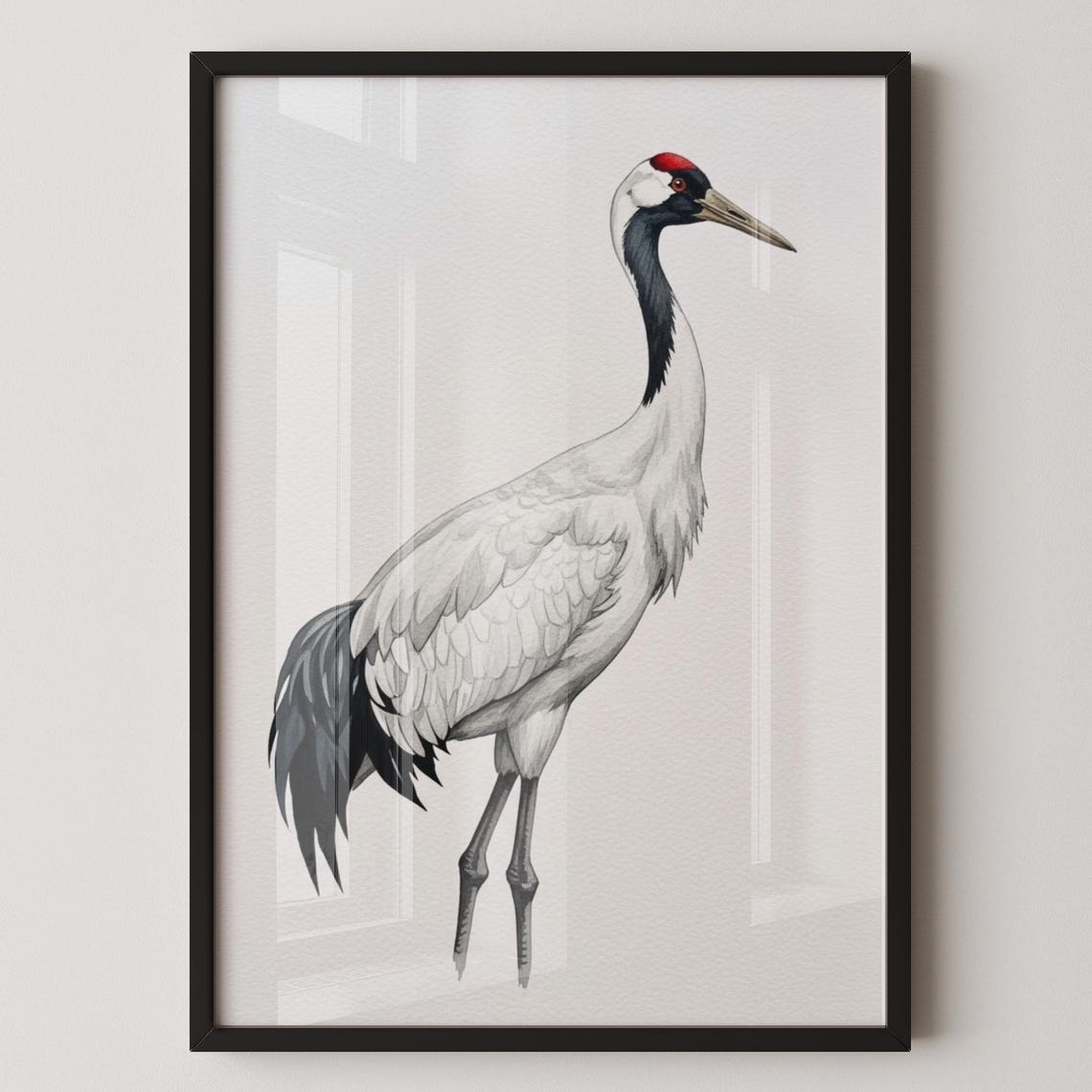 Red-Crowned Crane Full Body Elegant Watercolor Bird Art Poster