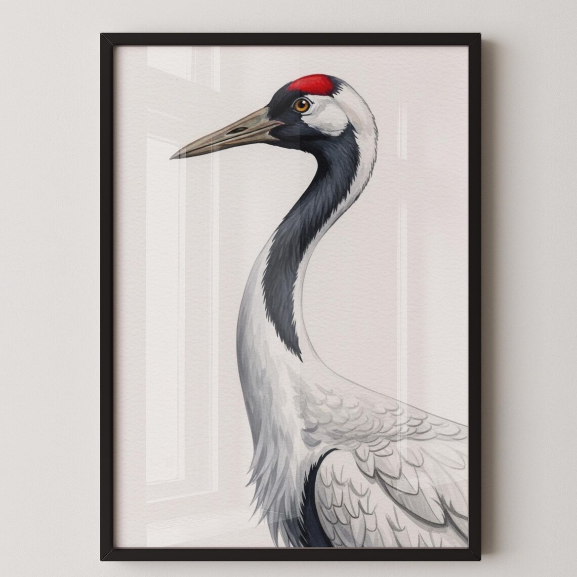 Red-Crowned Crane Portrait Close-Up Watercolor Elegant Bird Poster