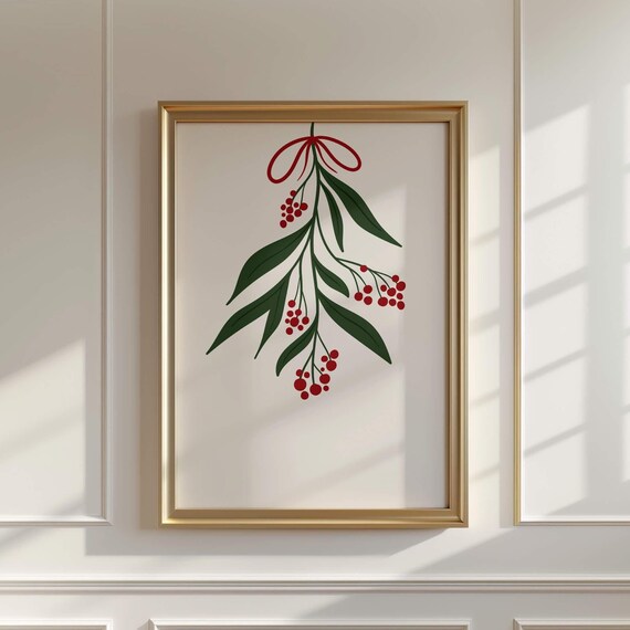 Hanging Mistletoe With Red Berries Minimalist Christmas Poster