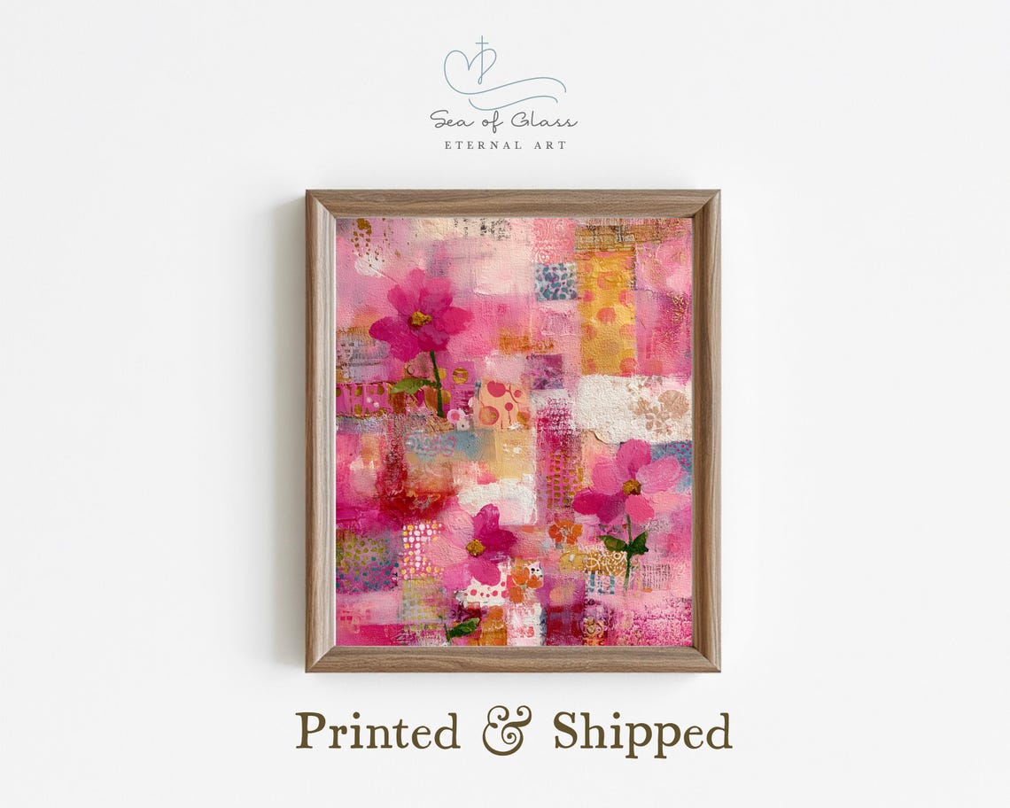 Whimsical Pink Floral Mixed Media Collage Patchwork Style Art Poster