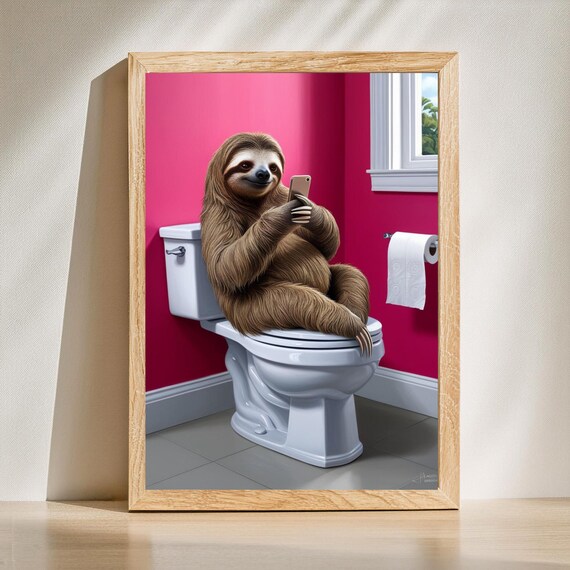 Whimsical Sloth Bathroom Art, Funny Toilet Decor