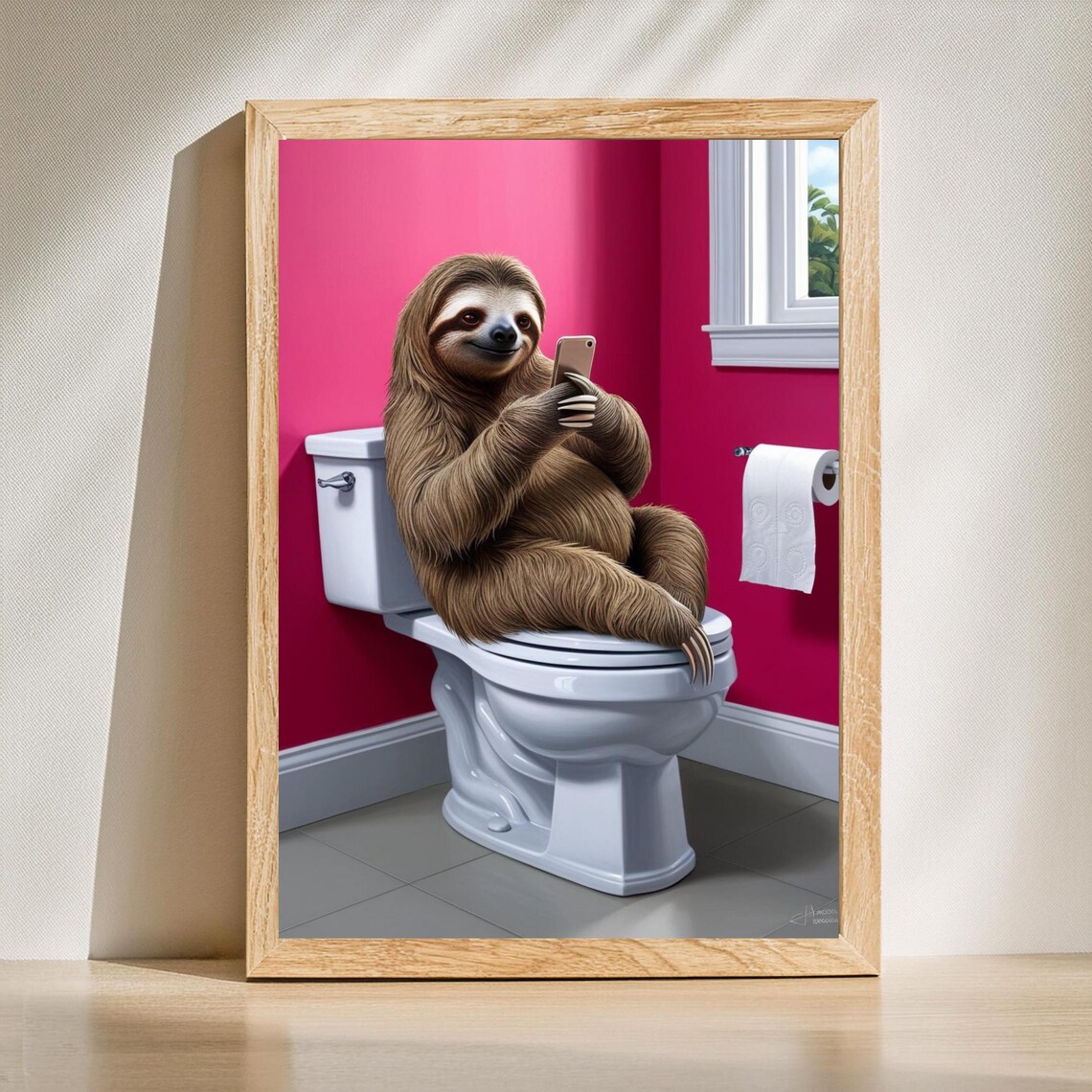 Whimsical Sloth Bathroom Art, Funny Toilet Decor