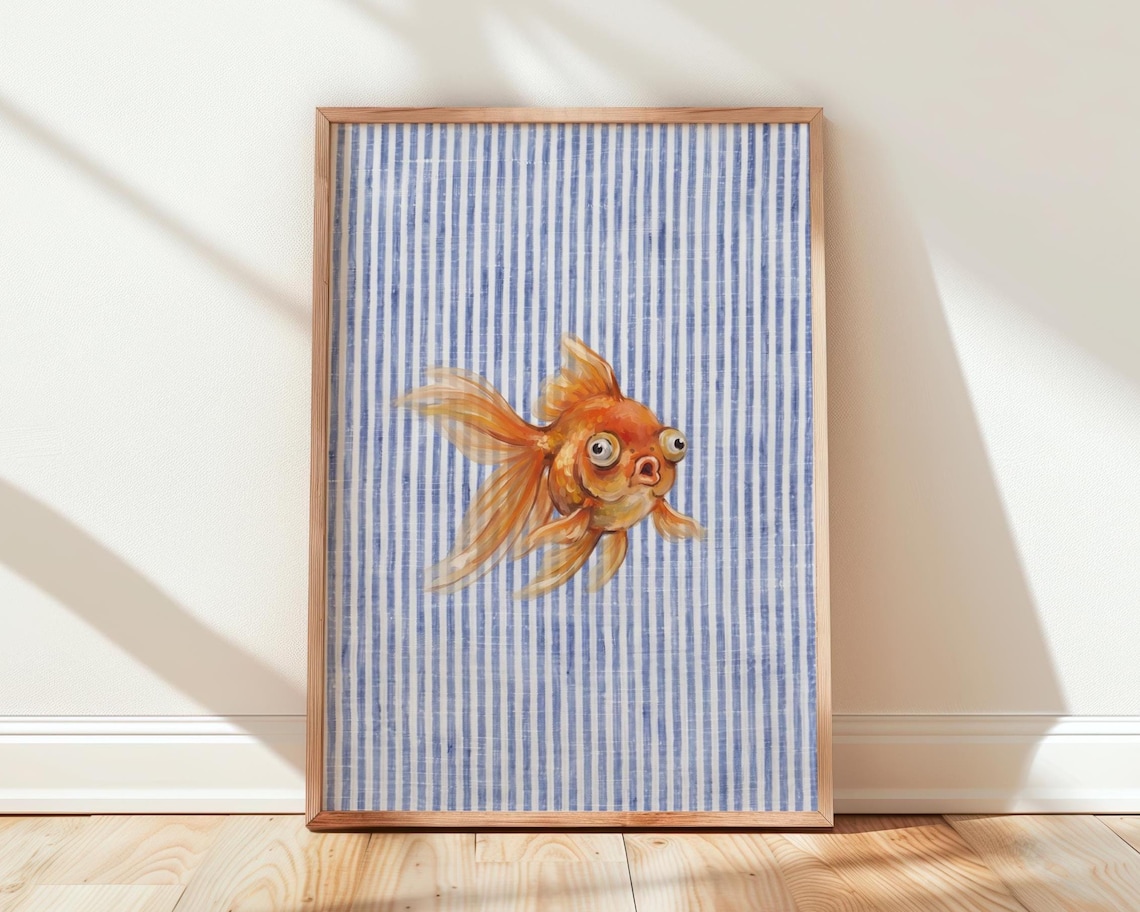 Whimsical Goldfish Watercolor Painting Blue Striped Background Poster