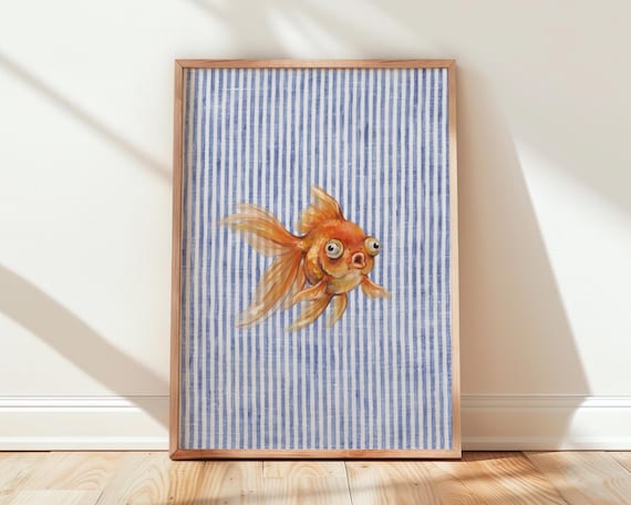 Whimsical Goldfish Watercolor Painting Blue Striped Background Poster