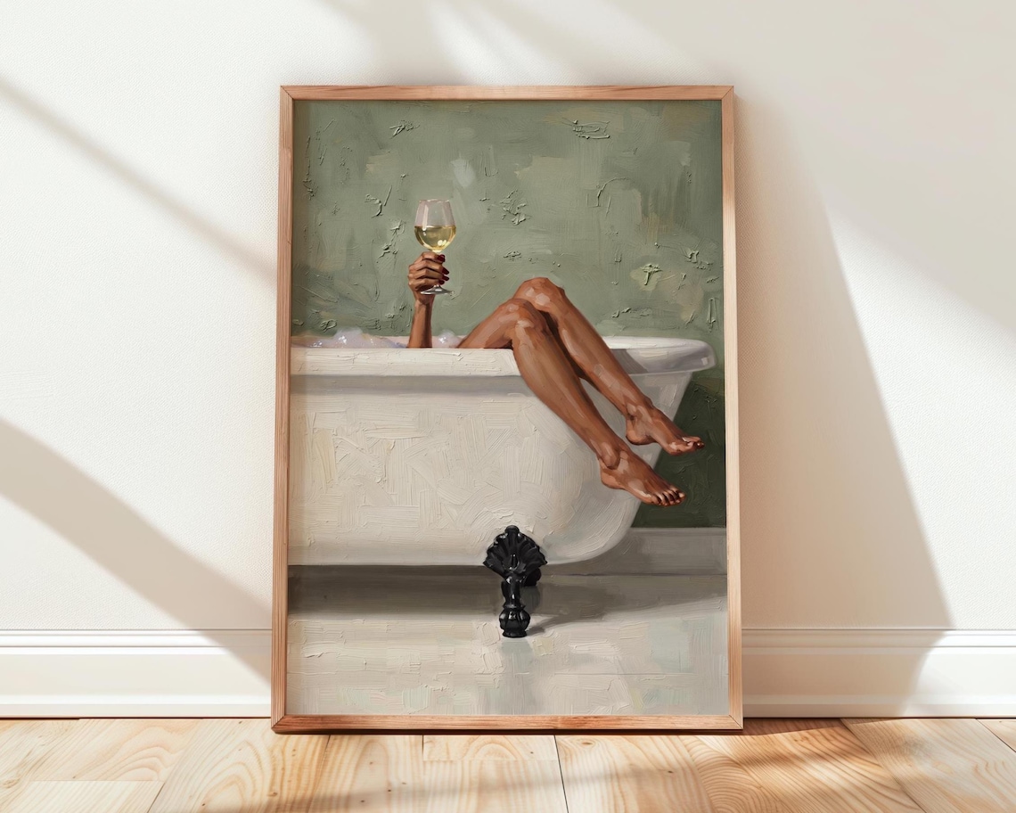 Bath And White Wine Print Sage Green Bathroom Wall Art